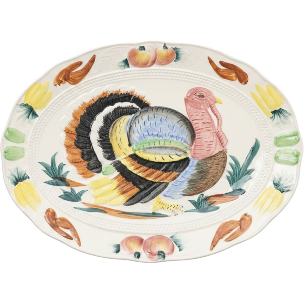 Vintage Style Hand Painted Ceramic Turkey Platter Thanksgiving Serving Dish Oval